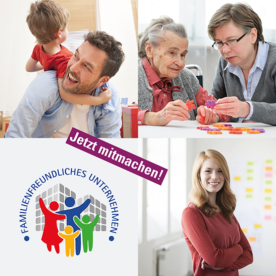 In diesem Ankündigungsflyer sehen Sie mehrere Bilder zum Thema familienfreundliche Unternehmen. 